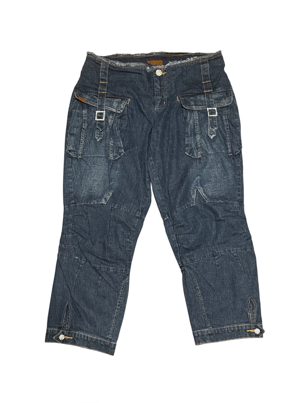 XOXO Vintage Dark Wash Rhinestone Buckle Denim Capri Low Rise Jeans